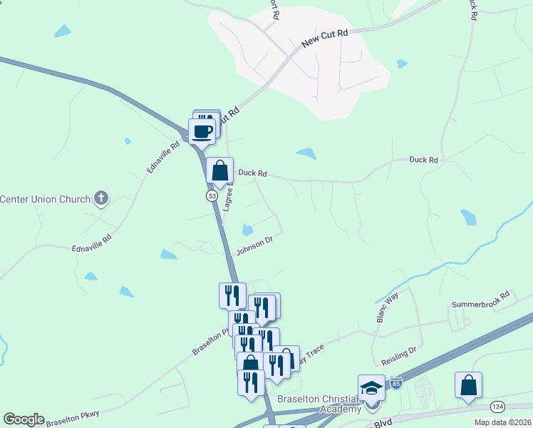 map of restaurants, bars, coffee shops, grocery stores, and more near 24 King's Drive in Braselton