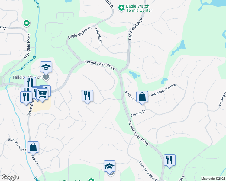 map of restaurants, bars, coffee shops, grocery stores, and more near 208 Morning Mist Way in Woodstock