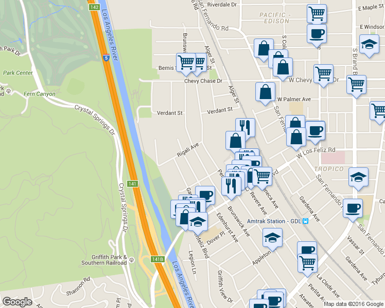 map of restaurants, bars, coffee shops, grocery stores, and more near 4168 Brunswick Avenue in Los Angeles