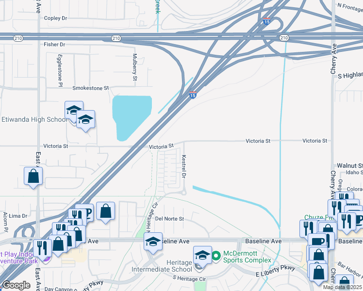 map of restaurants, bars, coffee shops, grocery stores, and more near 13906 Gazania Lane in Fontana