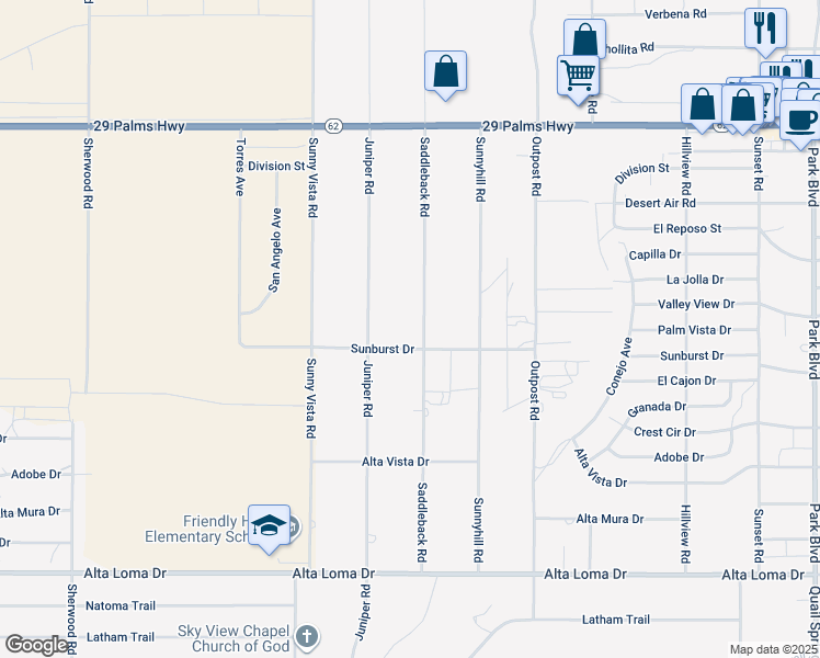 map of restaurants, bars, coffee shops, grocery stores, and more near 6816 Saddleback Road in Joshua Tree