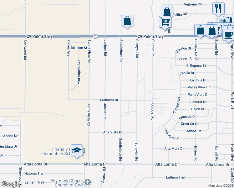 map of restaurants, bars, coffee shops, grocery stores, and more near 6816 Saddleback Road in Joshua Tree