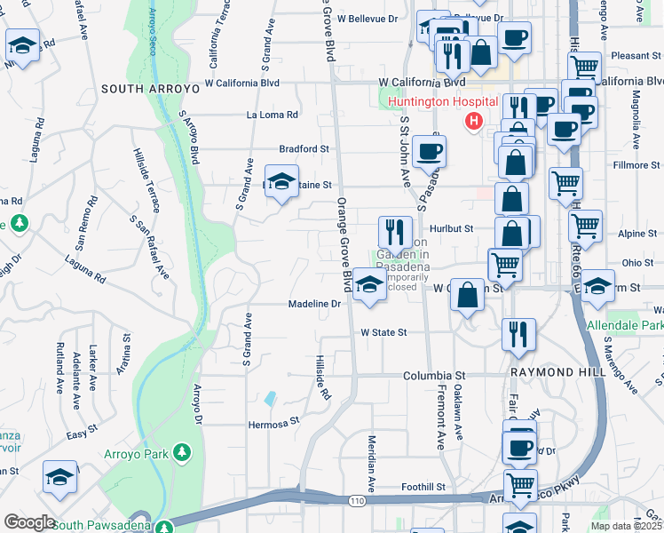 map of restaurants, bars, coffee shops, grocery stores, and more near 1021 South Orange Grove Boulevard in Pasadena