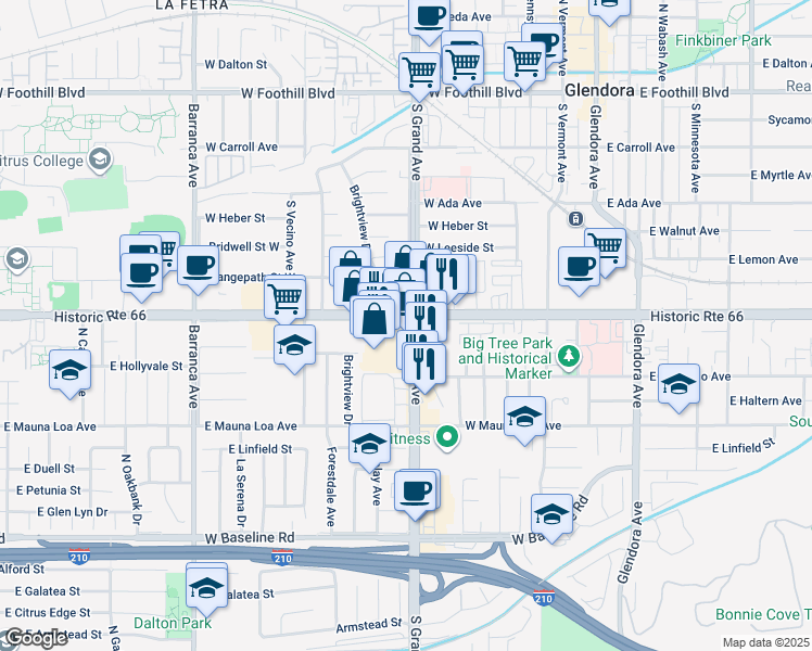 map of restaurants, bars, coffee shops, grocery stores, and more near in Glendora