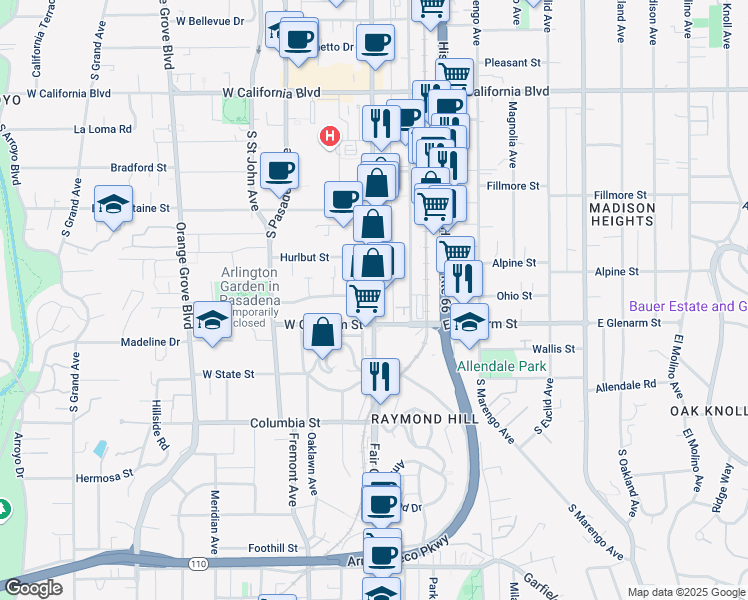 map of restaurants, bars, coffee shops, grocery stores, and more near 1020 Fair Oaks Avenue in Pasadena