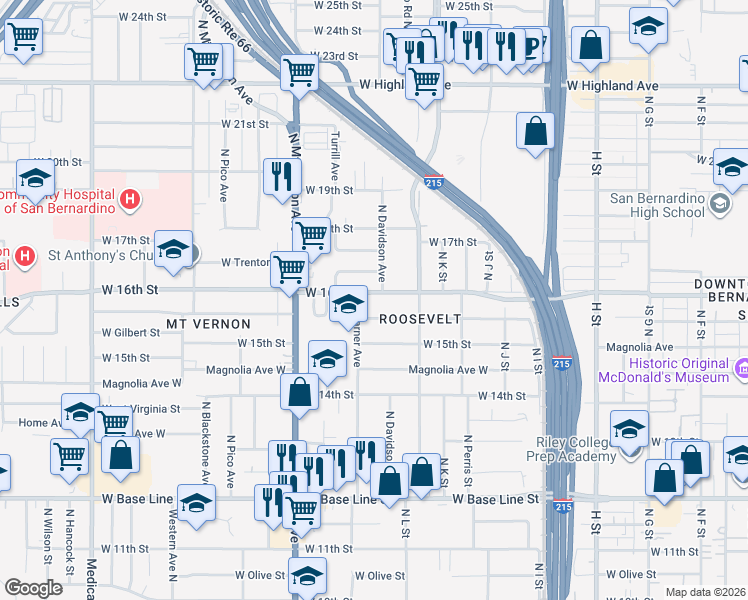 map of restaurants, bars, coffee shops, grocery stores, and more near 1178 West Evans Street in San Bernardino