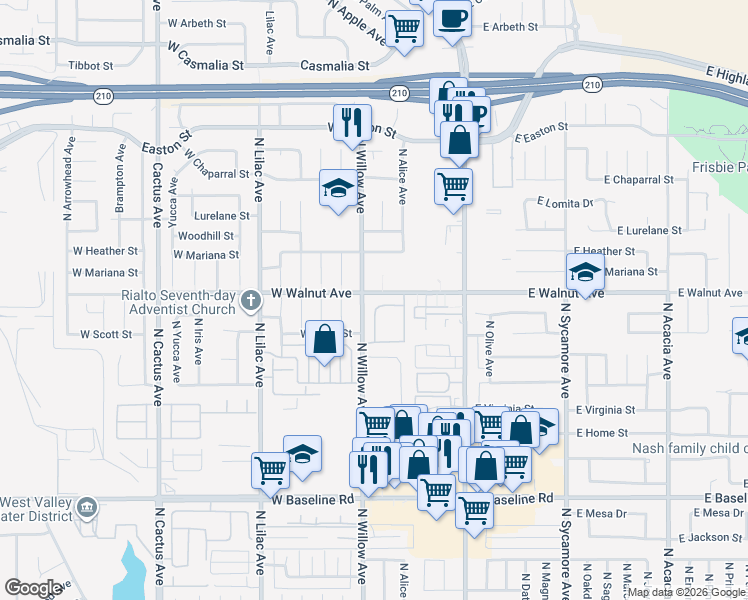 map of restaurants, bars, coffee shops, grocery stores, and more near 1560 North Willow Avenue in Rialto