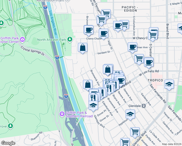 map of restaurants, bars, coffee shops, grocery stores, and more near 4168 Brunswick Avenue in Los Angeles