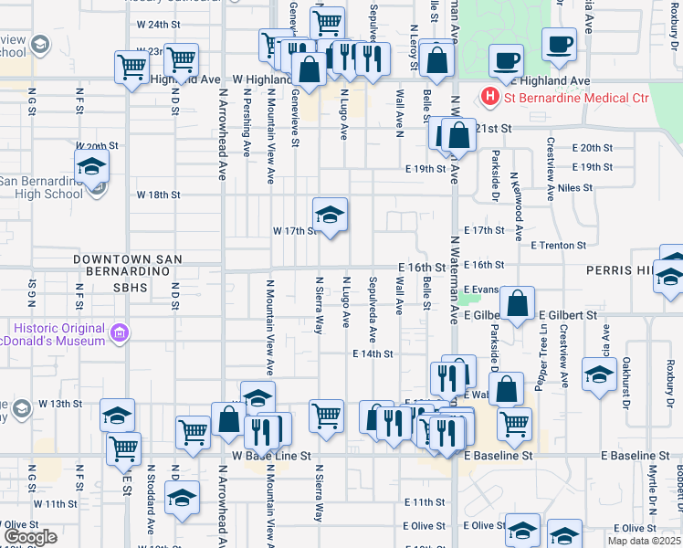 map of restaurants, bars, coffee shops, grocery stores, and more near 1585 North Lugo Avenue in San Bernardino