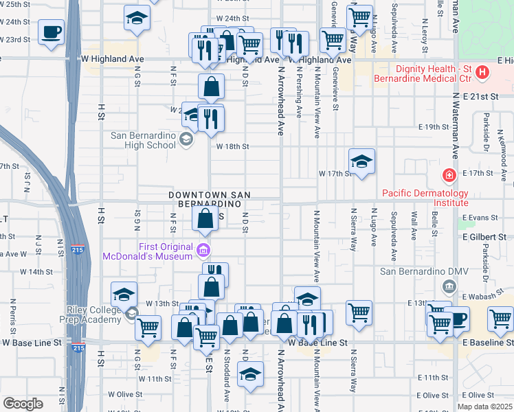map of restaurants, bars, coffee shops, grocery stores, and more near 1535 North D Street in San Bernardino