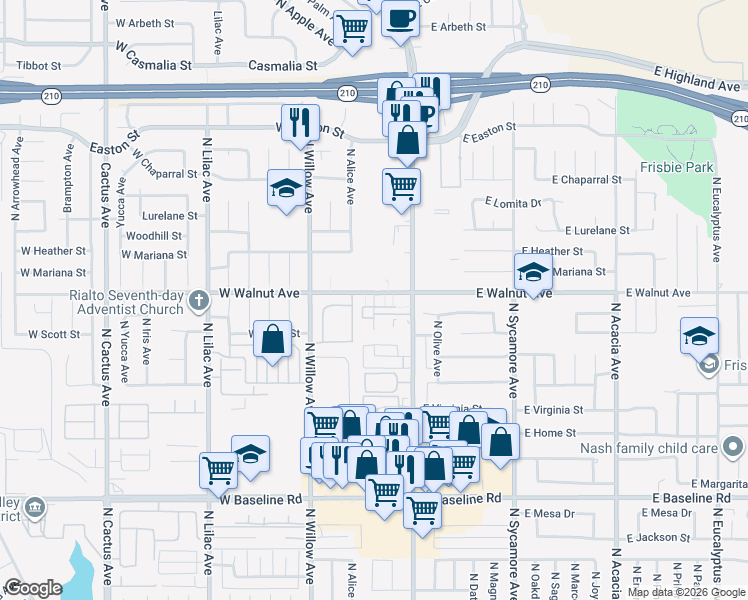 map of restaurants, bars, coffee shops, grocery stores, and more near 1551 North Palm Avenue in Rialto