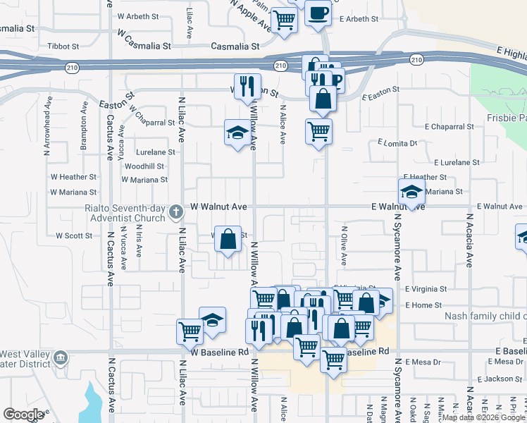 map of restaurants, bars, coffee shops, grocery stores, and more near 1560 North Willow Avenue in Rialto