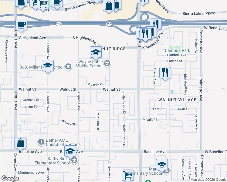 map of restaurants, bars, coffee shops, grocery stores, and more near 16731 Meridian Lane in Fontana