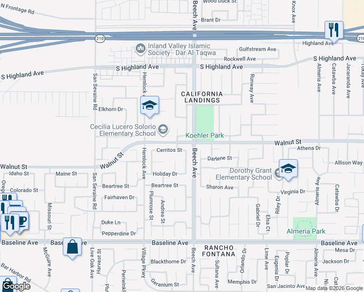 map of restaurants, bars, coffee shops, grocery stores, and more near 15239 Cerritos Street in Fontana