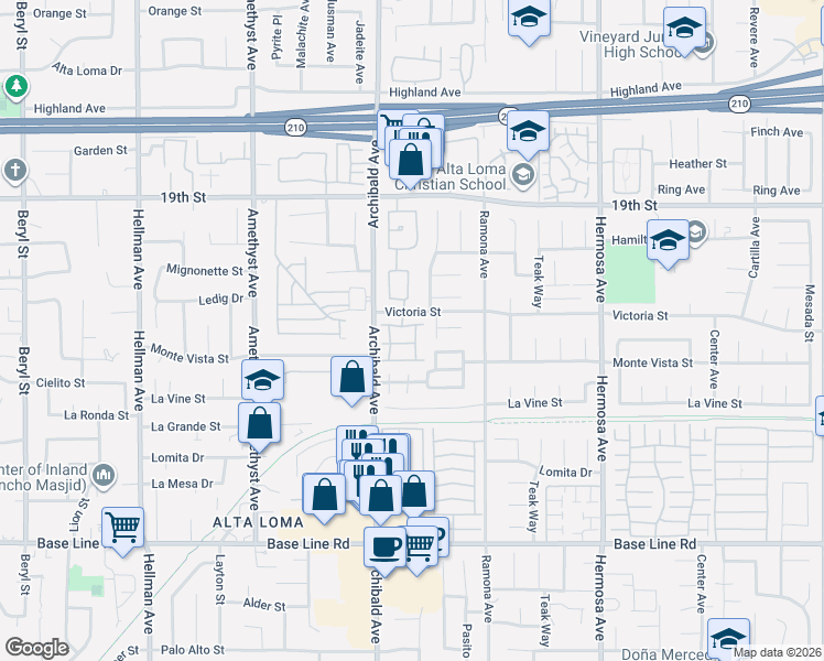 map of restaurants, bars, coffee shops, grocery stores, and more near 6935 Doheny Place in Rancho Cucamonga