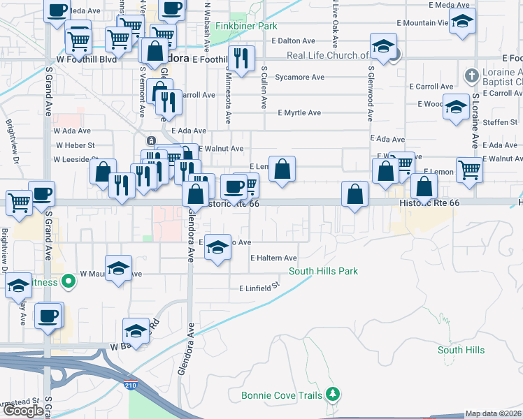 map of restaurants, bars, coffee shops, grocery stores, and more near 414 East Route 66 in Glendora