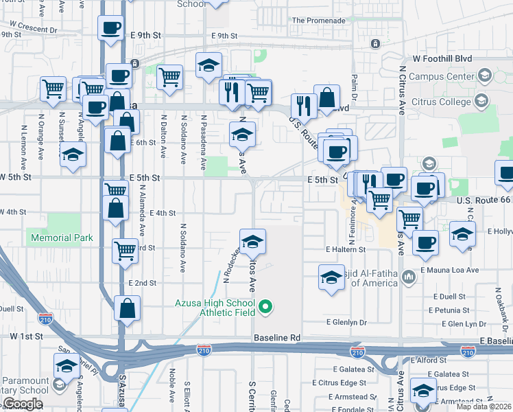 map of restaurants, bars, coffee shops, grocery stores, and more near 385 North Rockvale Avenue in Azusa