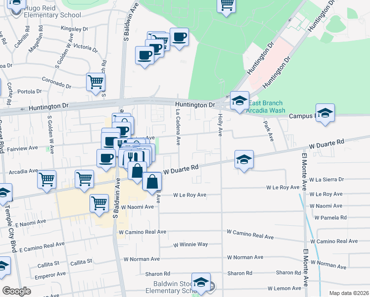 map of restaurants, bars, coffee shops, grocery stores, and more near 1026 La Cadena Avenue in Arcadia