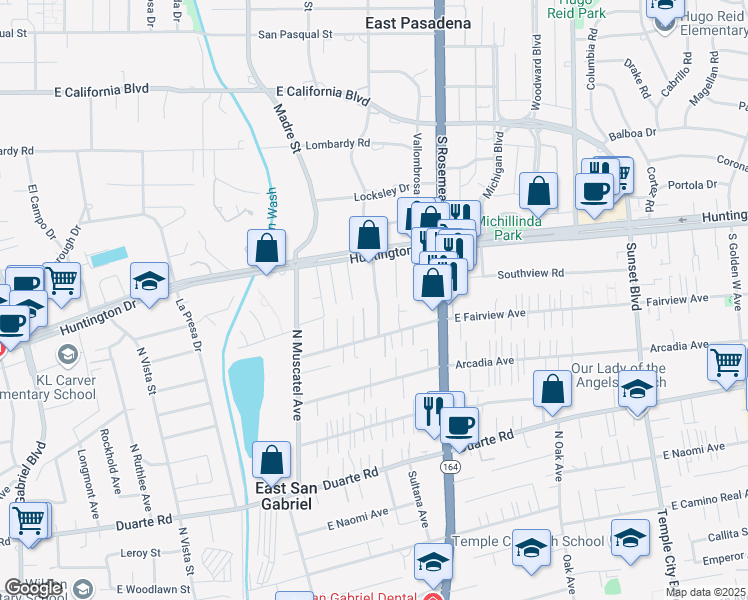 map of restaurants, bars, coffee shops, grocery stores, and more near 7134 North Lotus Avenue in San Gabriel