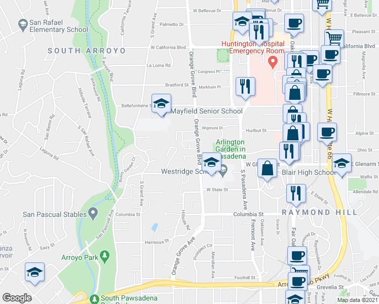 map of restaurants, bars, coffee shops, grocery stores, and more near 432 Arlington Drive in Pasadena