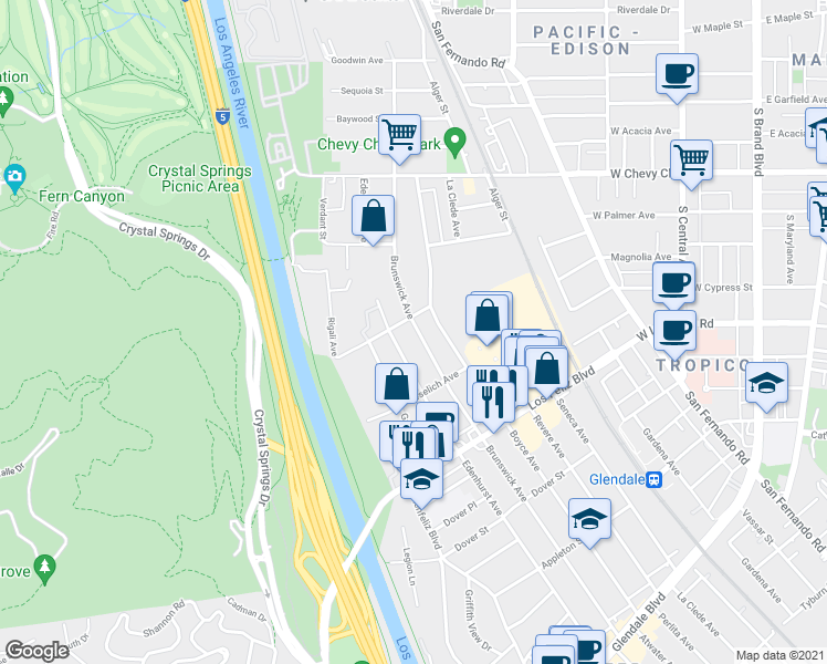 map of restaurants, bars, coffee shops, grocery stores, and more near 4164 Edenhurst Avenue in Los Angeles