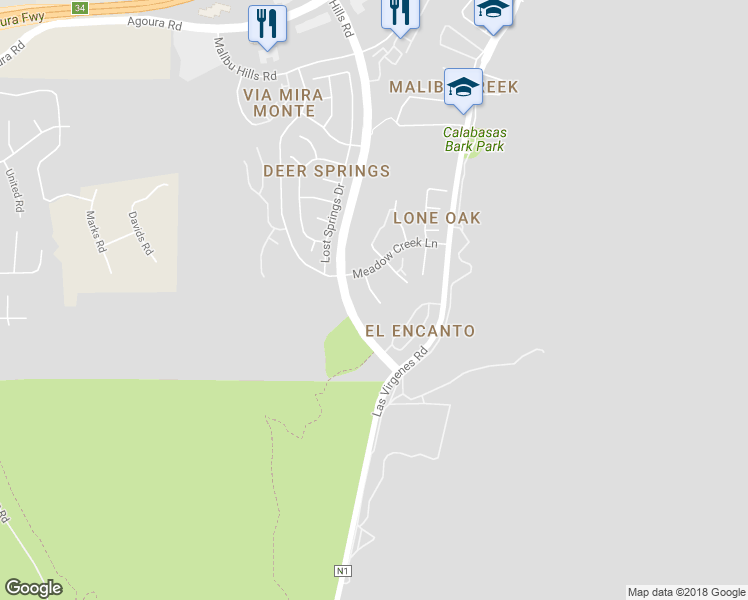map of restaurants, bars, coffee shops, grocery stores, and more near 3831 Orchid Lane in Calabasas