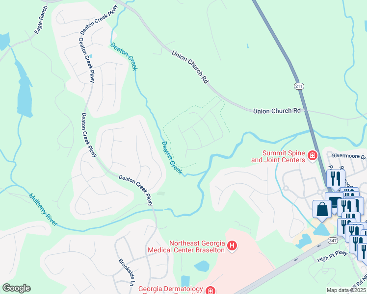 map of restaurants, bars, coffee shops, grocery stores, and more near 6056 Hickory Creek Court in Braselton