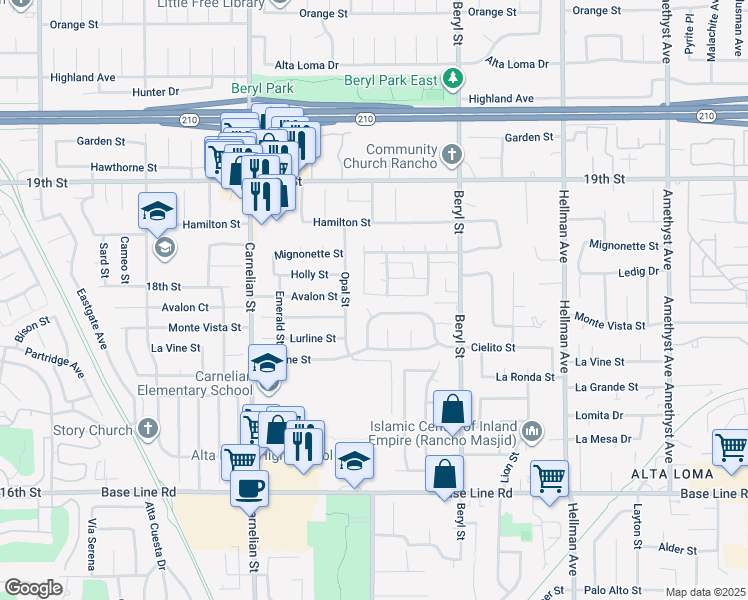 map of restaurants, bars, coffee shops, grocery stores, and more near 8925 Avalon Street in Rancho Cucamonga