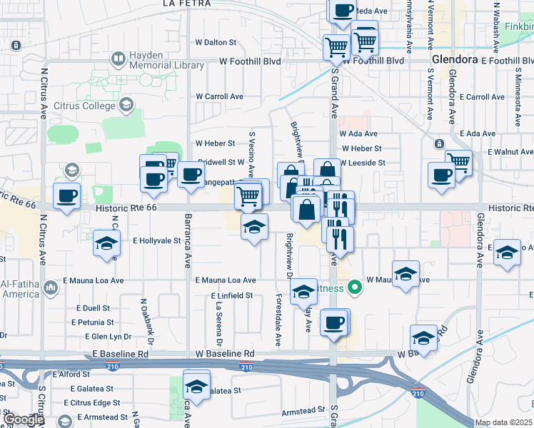 map of restaurants, bars, coffee shops, grocery stores, and more near 640 West Route 66 in Glendora
