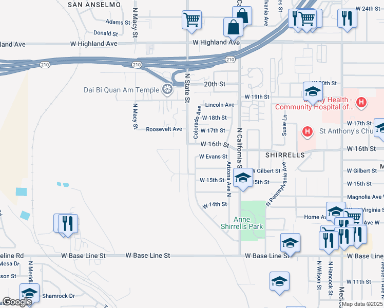 map of restaurants, bars, coffee shops, grocery stores, and more near 1594 Colorado Avenue in San Bernardino