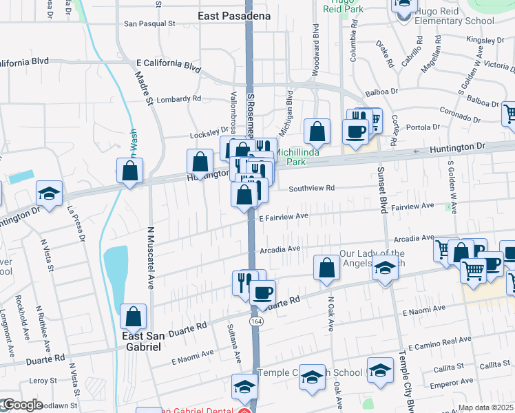 map of restaurants, bars, coffee shops, grocery stores, and more near 7220 Rosemead Boulevard in San Gabriel