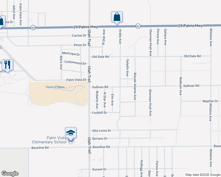 map of restaurants, bars, coffee shops, grocery stores, and more near 74531 Sullivan Road in Twentynine Palms