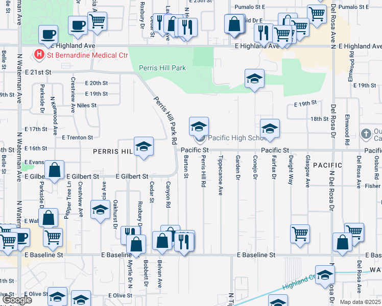 map of restaurants, bars, coffee shops, grocery stores, and more near 6915 Barton Street in San Bernardino