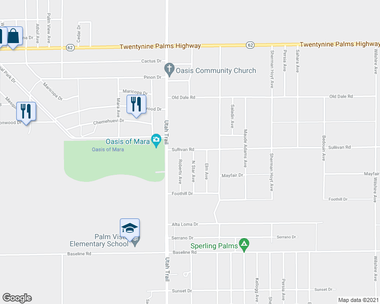 map of restaurants, bars, coffee shops, grocery stores, and more near 74511 Sullivan Road in Twentynine Palms