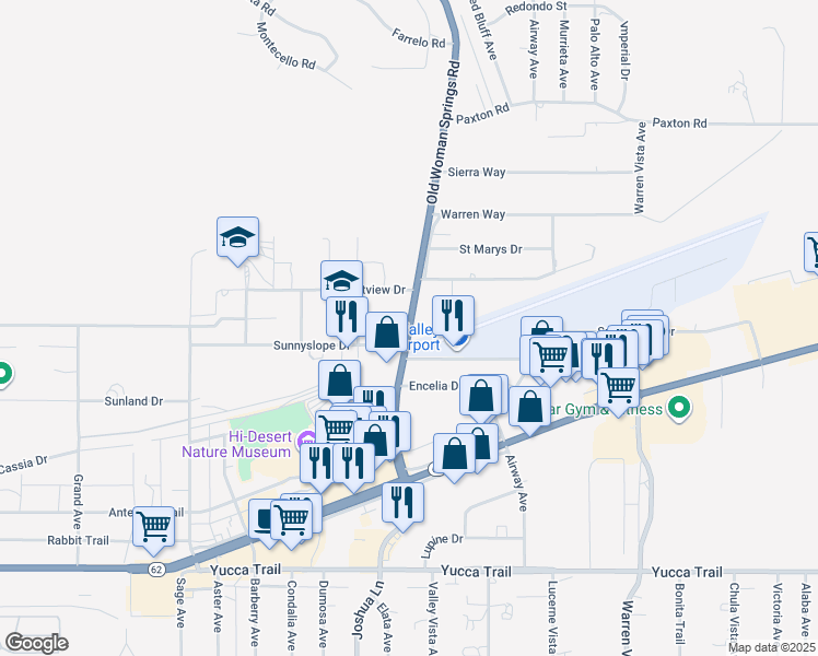 map of restaurants, bars, coffee shops, grocery stores, and more near 6850 Old Woman Springs Road in Yucca Valley