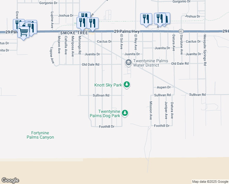map of restaurants, bars, coffee shops, grocery stores, and more near 6922 Alpine Avenue in Twentynine Palms