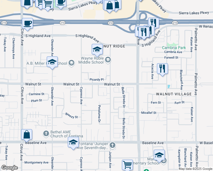 map of restaurants, bars, coffee shops, grocery stores, and more near 16540 Cadence Lane in Fontana