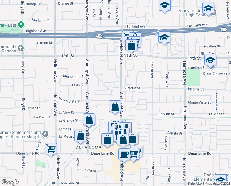 map of restaurants, bars, coffee shops, grocery stores, and more near 6946 Archibald Avenue in Rancho Cucamonga