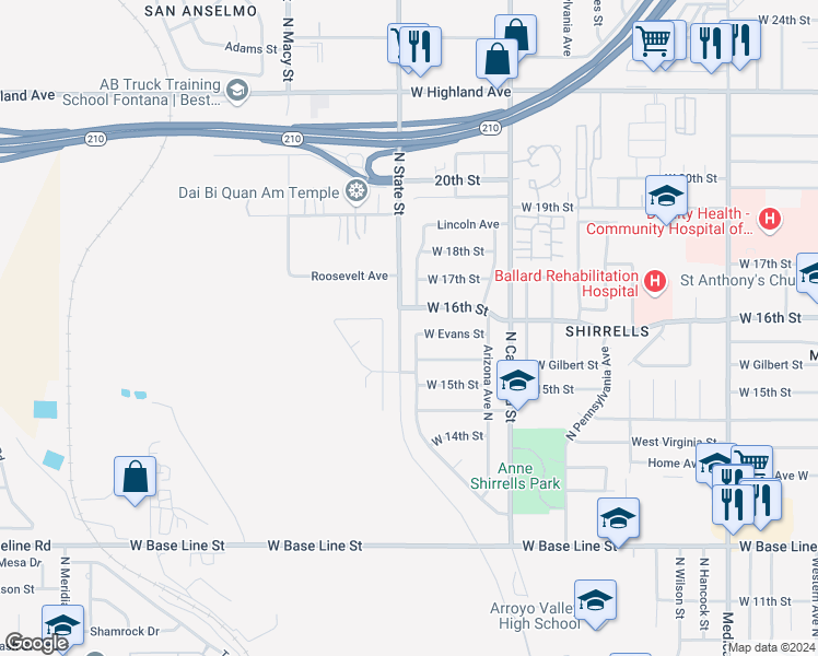 map of restaurants, bars, coffee shops, grocery stores, and more near 1594 Colorado Avenue in San Bernardino