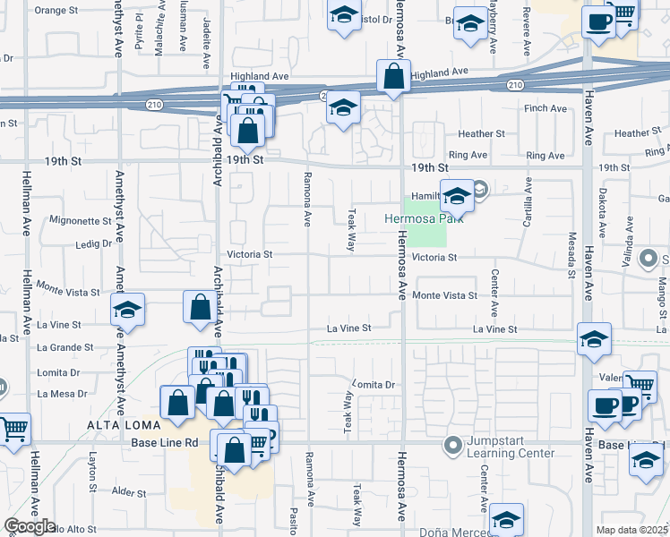 map of restaurants, bars, coffee shops, grocery stores, and more near 6931 Berkshire Avenue in Rancho Cucamonga