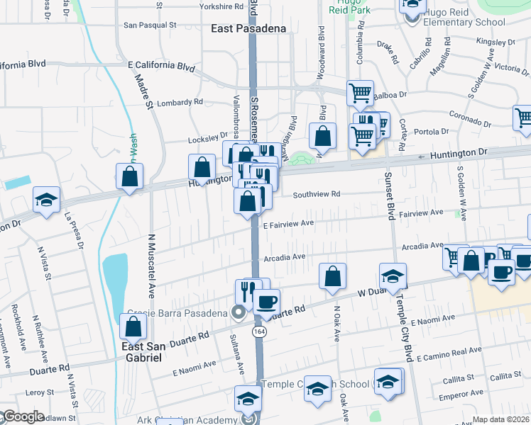 map of restaurants, bars, coffee shops, grocery stores, and more near 7220 Rosemead Boulevard in San Gabriel
