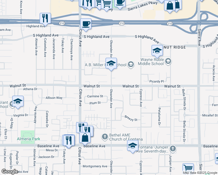 map of restaurants, bars, coffee shops, grocery stores, and more near 6908 Oleander Avenue in Fontana