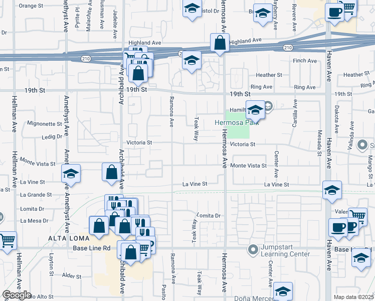 map of restaurants, bars, coffee shops, grocery stores, and more near 6931 Berkshire Avenue in Rancho Cucamonga