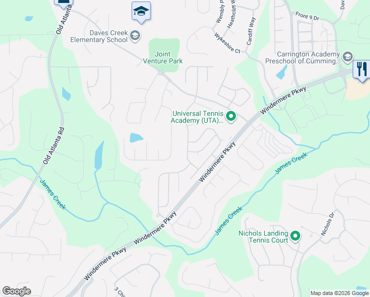 map of restaurants, bars, coffee shops, grocery stores, and more near 4190 Avondale Lane in Cumming