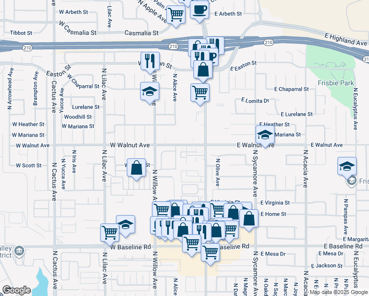 map of restaurants, bars, coffee shops, grocery stores, and more near 1586 North Palm Avenue in Rialto