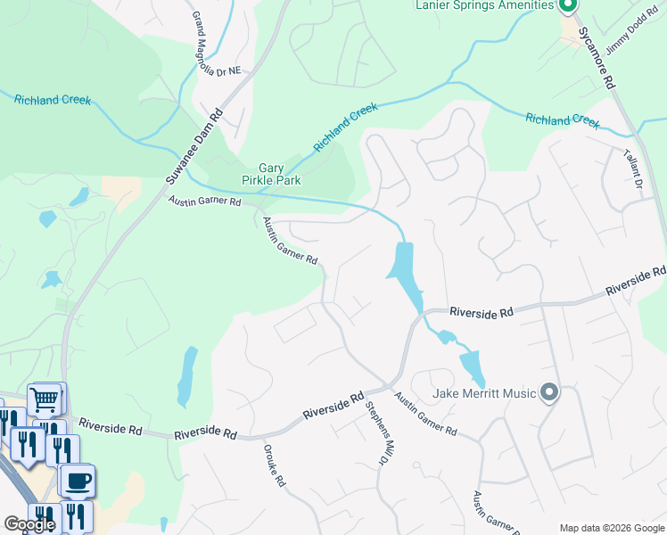 map of restaurants, bars, coffee shops, grocery stores, and more near 6036 Trail Hikes Drive in Sugar Hill