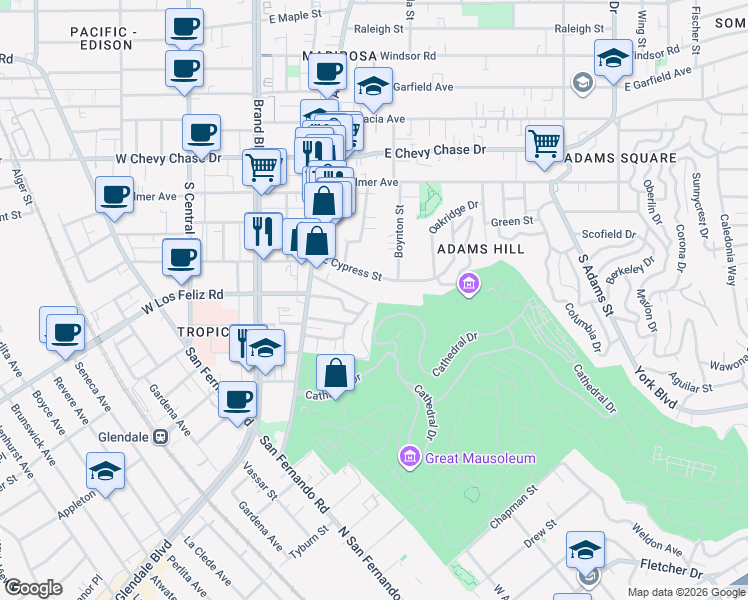 map of restaurants, bars, coffee shops, grocery stores, and more near 428 Mission Road in Glendale