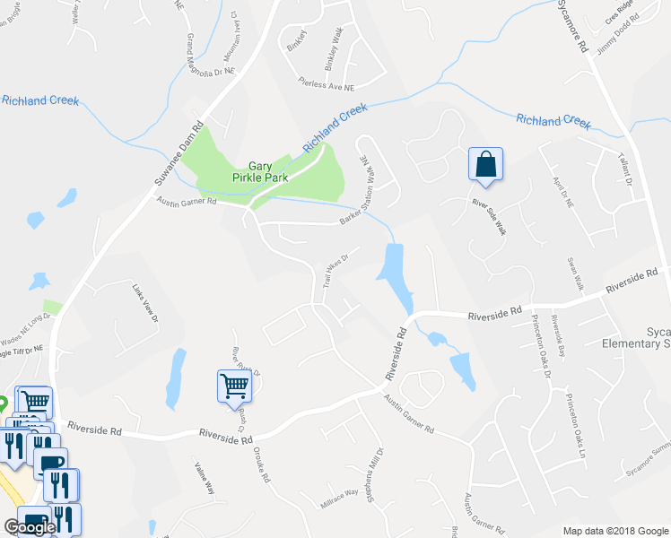 map of restaurants, bars, coffee shops, grocery stores, and more near 6135 Trail Hikes Drive in Sugar Hill