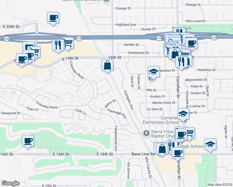 map of restaurants, bars, coffee shops, grocery stores, and more near 1784 Pinnacle Way in Upland
