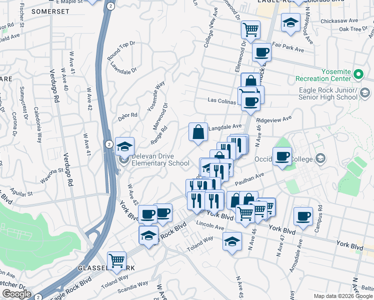 map of restaurants, bars, coffee shops, grocery stores, and more near 4511 College View Avenue in Los Angeles